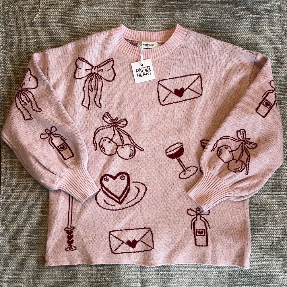 Paper Heart Pink Graphic Sweater Puff Sleeves Medium